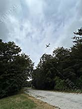 Commercial Airplane Flying Over Amsterdam Forest Under Cloudy Sky Netherlands