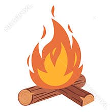 Bright Campfire with Crossed Logs and Rising Flame Sparks. Flat Style Vector Illustration in Orange and Yellow on White Background