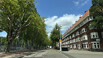 Tree lined street with red roof brick houses under blue sky Amsterdam
