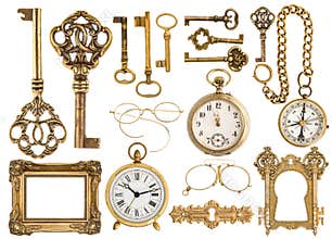 Golden antique accessories. baroque frame, vintage keys, clock