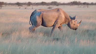 Old rhino close up walking field Etosha Namiba Africa