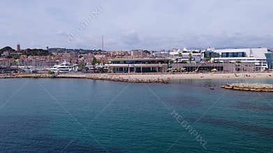 Aerial view of Cannes waterfront and Palais des Festivals, La Croisette