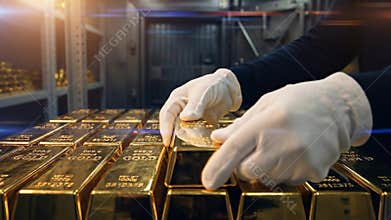 Banker holding gold bar in vault. Professional worker stacking precious metal bullion in secure storage facility.