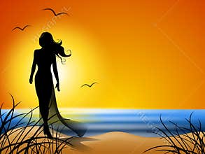 Woman Walking Alone on Beach