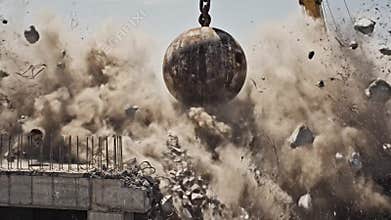 Demolition site with excavator and wrecking ball