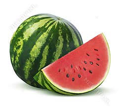 Whole watermelon and slice on white background