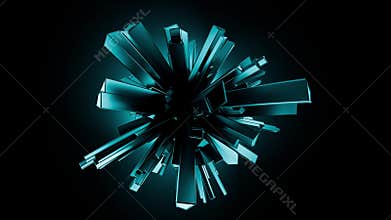 Seamless loop abstract animation of blue metallic 3D structures transforming on a dark background