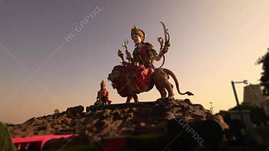 Goddess Durga Sherawali Maa Statue at Sunset in Vrindavan, Spiritual Hindu Navratri Scene India