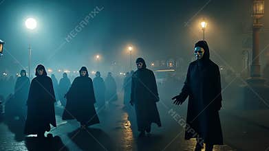 Night Parade Scenes. Mysterious figures in foggy night street with masks and