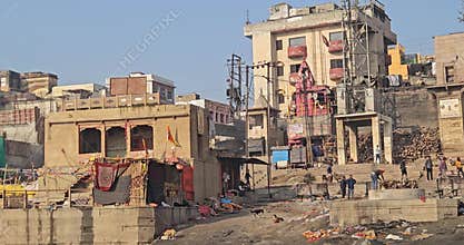 Varanasi or Banaras Ghats Riverside View from Boat on Ganges River, Colorful Boats and Historic Banaras City Scene