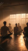 Meditation class group yoga studio sunrise sunlight silhouette calm People sitting calm meditation class sunlit studio creating