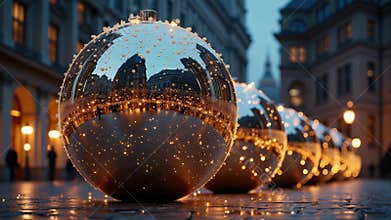Monumental Christmas decorations installed in a city square, reflecting lights