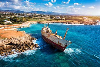 Abandoned Edro III Shipwreck at seashore of Peyia, near Paphos, Cyprus. Historic Edro III Shipwreck site on the shore of the water