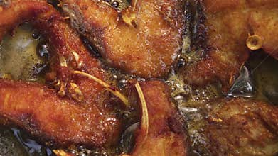 Fried Fish Cooking in Pan Close Up, Golden Crispy Seafood Fry Indian Style Food Preparation