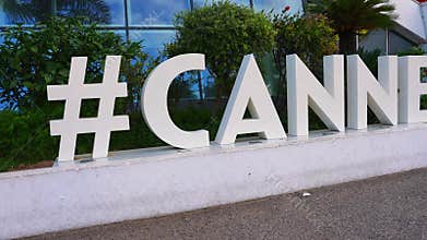 Hashtag CANNES letters at Palais des Festivals, Cannes, France