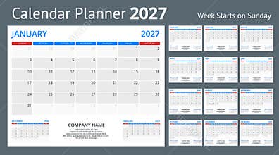2027 calendar template and compact date rows. Clean annual 2027 planner concept for office organization, schedule