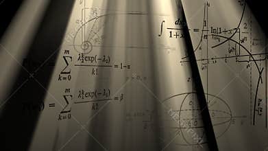 Flying mathematical formulas and graphs. Loopable.