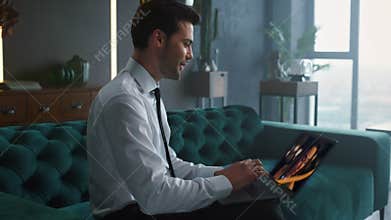 Successful banker video calling laptop consulting client woman remotely close up