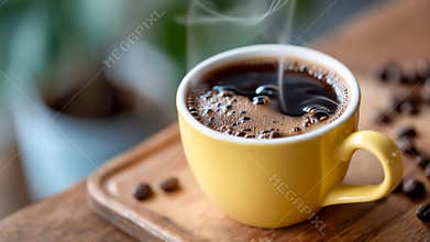 Steaming black coffee in a cup on a wooden tray, cozy morning drink concept with roasted beans