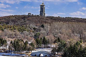 Early Spring Snow - View of the Tower at Jingyuetan National Forest Park, Changchun, China