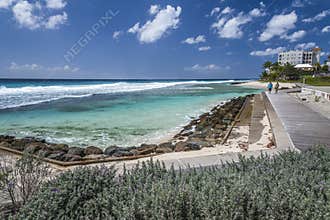 Wooden boardwalk, south coast of Barbados, West Indies