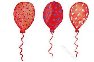 watercolor red balloons with blue decorative patterns for birthday cards, party invitations, kids design, cards