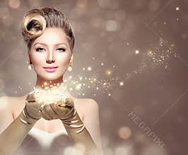 Holiday retro woman with magic stars