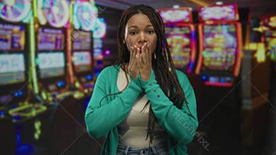 Young african american woman covers mouth with hands at a slot machine inside a casino building; shock gambling loss