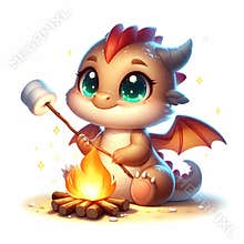 Cute Chibi Baby Dragon Roasting Marshmallow by Bonfire