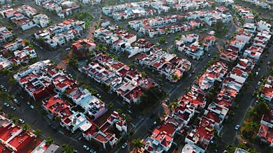 Mexican Residential Neighborhood Houses Sunrise Drone POV 4K Stock Video