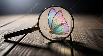 Butterfly macro detail through magnifying glass on wood