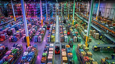 timelapse shot overhead view of organized warehouse with vibrant lighting video