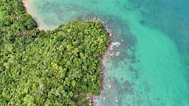 Bird-eye view push-in drone shot over the diverse coastline of Northern Palawan, Philippin