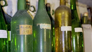 Old dusty bottles of homemade Mirabelle plum brandy with handwritten vintage labels aging in a dark cellar