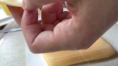 Sliced hard cheese cubes arranged on disposable plate for outdoor picnic preparation with fresh dairy food and casual