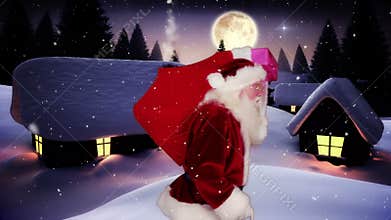 Santa delivering presents to a snowy village