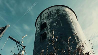 Abandoned rustic farm silo against blue sky