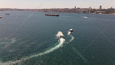 Ferry Boat in Istanbul Bosphorus Drone Shot