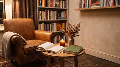 Cozy reading nook set for an autumn literary gathering