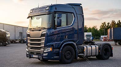 Blue modern heavy duty truck cab parked at logistics terminal during golden hour with warm light