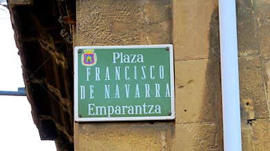 Street sign Plaza Francisco de Navarra in Tafalla, Spain