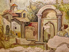 Crumbling Wall Painting of an Old European Village