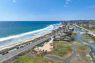 Aerial view of Cardiff by the Sea, beach community in the incorporated city of Encinitas in San Diego County, California