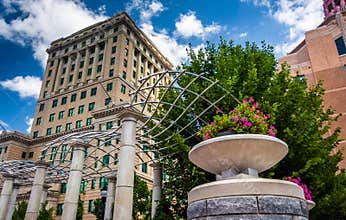 Flowers and Buncombe County Courthouse, in Asheville, North Carolina.