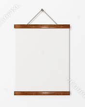 Mock up blank poster with wooden frame hanging on the white wall, background