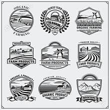 Vector illustration of retro landscapes. Farm fresh food labels, badges, emblems and design elements. Organic and ecology design.