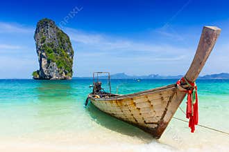 Thailand summer travel sea, Thai old wood boat at sea beach Krabi Phi Phi Island Phuket.