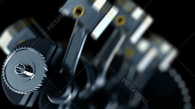 V8 motor with working pistons and crankshafts inside camera fly through. Concept of automobile engine.