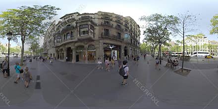 360 VR View of Barcelona street with people, transport and bike lane