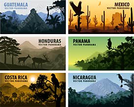 Vector set of panorams countries Central America - Guatemala, Mexico, Honduras, Nicaragua, Panama, Costa Rica